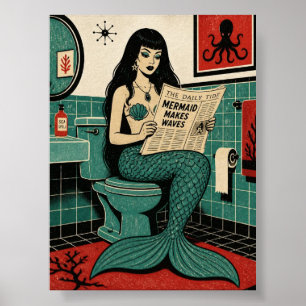 Poster Sereia dos Meados do Século no Banheiro Lendo Jorn
