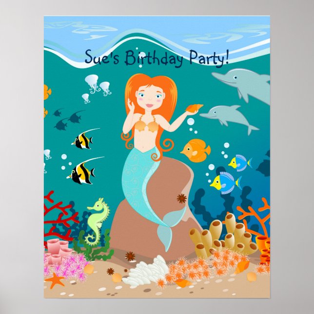 Póster Sereia e golfinhos sob a festa de aniversário marí (Frente)