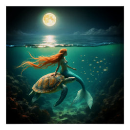 Póster Sereia e Tartaruga Marinha Poster brilhante