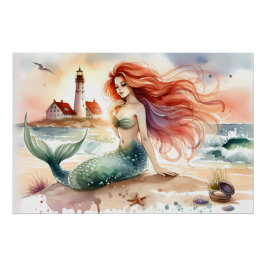 Póster Sereia em Aquarela pela Costa do Farol