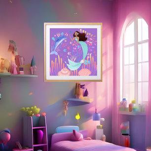 Poster Sereia Fantasia roxo rosa azul golfinho oceano 2 