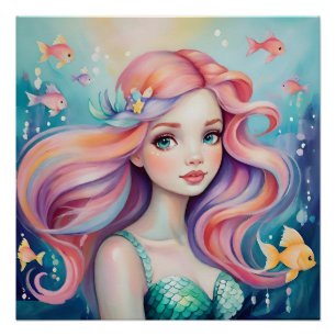 Póster Sereia fofa debaixo d'água com peixes
