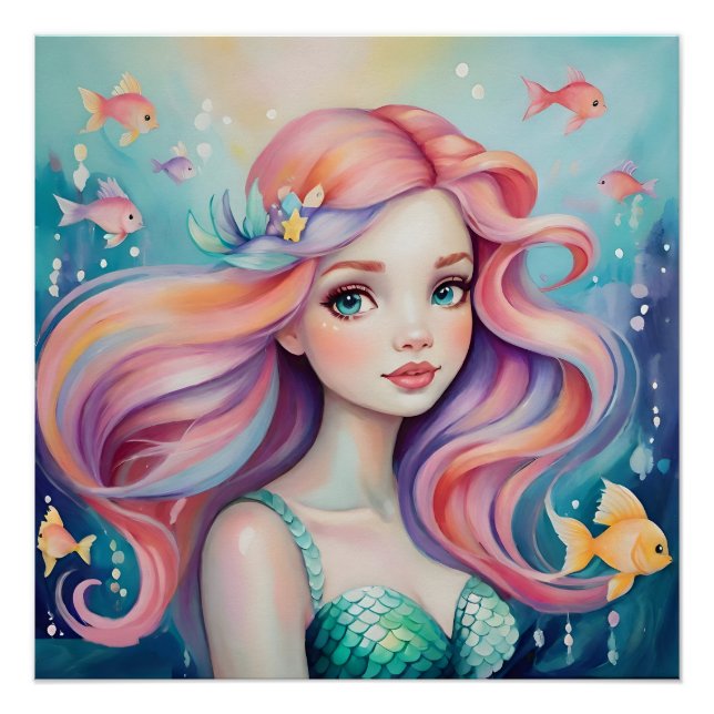 Póster Sereia fofa debaixo d'água com peixes (Frente)