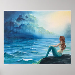 Poster Sereia que mantem o relógio sobre o navio no mar