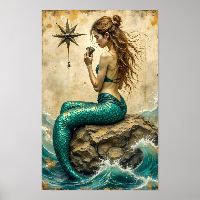 Poster Sereia Sentada Em Uma Rocha (Frente)