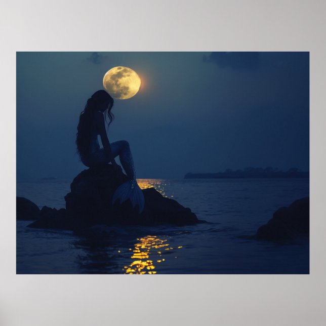 Poster Sereia sentada em uma rocha à noite (Frente)