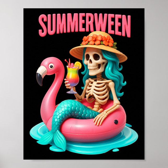 Poster Sereia Sereia Skeleton Flamingo Halloween (Frente)