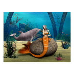 Póster Sereia Sonhadora Golfinho Arte Fantasia Subaquátic