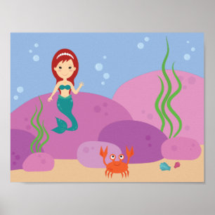 Póster Sereia submarina oceano desenho animado quarto inf