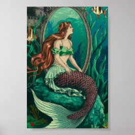 Poster Sereia Vintage sob o mar olhando em espelho