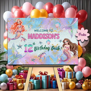 Poster Sereias Brilho Rosa Roxo Bem-vindos 12º Aniversári