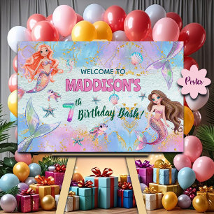 Poster Sereias Brilho Rosa Roxo Bem-vindos 7º Aniversário