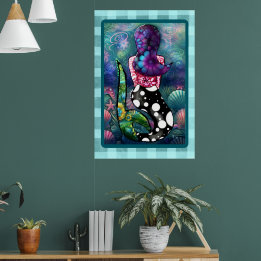 Poster Sereias Náuticas Abstratas Caprichosas Conchas Azu