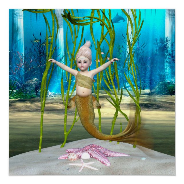Póster Sereiazinha Fantasia Fofa Menina, Oceano Azul (Frente)