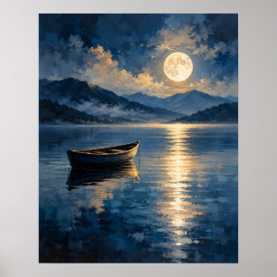 Poster Serena Embarcação de Madeira Reflexo da Lua