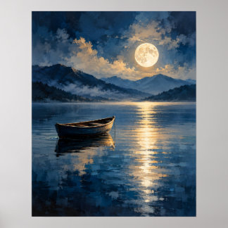 Poster Serena Embarcação de Madeira Reflexo da Lua