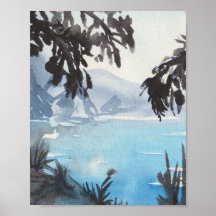 Serena Paisagem Lacustre Arte de Parede em Aquarel