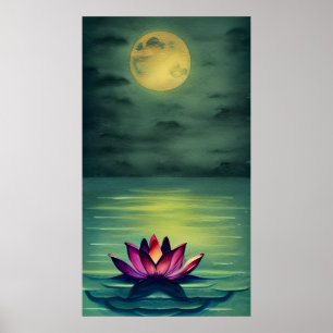 Poster Serene BeauLinda Flor de Lotus e Lua Completa