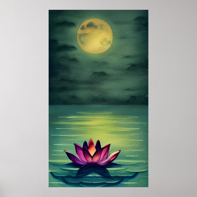 Poster Serene BeauLinda Flor de Lotus e Lua Completa (Frente)