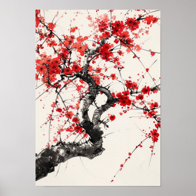 Poster Serene Cherry Blossom Tree China Ink Po (Frente)