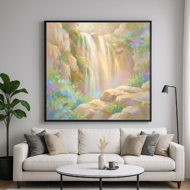 Poster Serene Cliff Waterfall - Pastel Painting Style Art (Criador carregado)