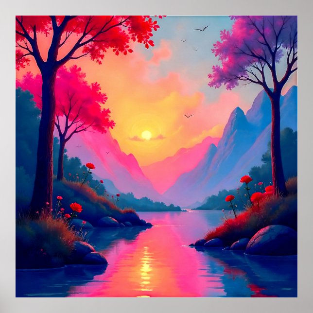 Poster Serene Fantasy Sunset River Mountain Landscape (Frente)