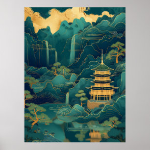 Poster Serene Greenish-Blue Montanha e Cena de Água Po