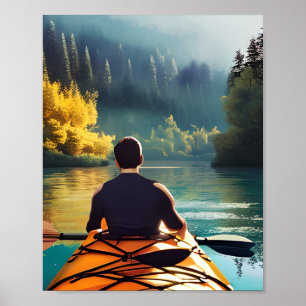 Poster Serene Kayaking Scene Homem em Kayak nas montanh
