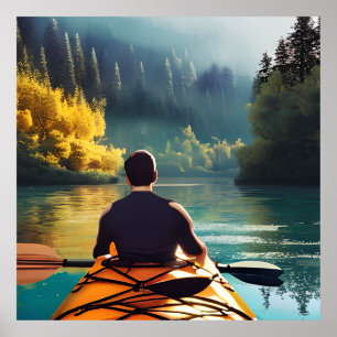 Poster Serene Kayaking Scene Homem em Kayak nas montanh