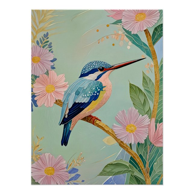 Póster Serene Kingfisher num Paraíso Floral (Frente)