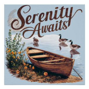 Póster Serene Lake Boat com gansos e flores selvagens