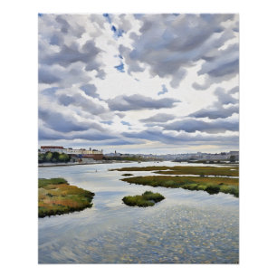 Póster Serene Landscape Painting with Dramatic Sky