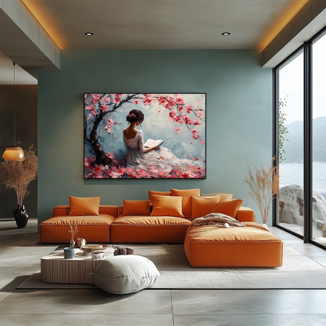 Poster Serene Mulher Leitura Sob Blossomas De Cereja (Criador carregado)