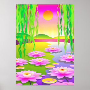 Poster Serene Pond com lírios de água cor-de-rosa no pôr