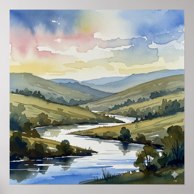 Poster Serene River Landscape Watercolor (Frente)