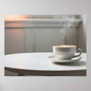Poster Serene Scene: Mesa branca com uma Taça Steaming