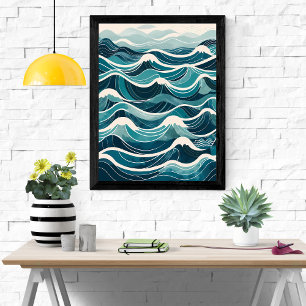 Poster Serene Sea: Uma Ilustração De Onda De Aquarela