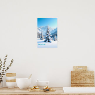 Poster Serene Snowy Mountain Landscape & Winter Pine Tree
