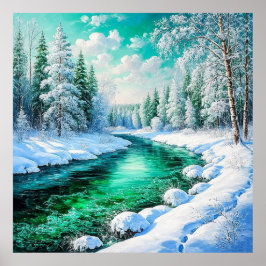 Poster Serene Snowy Riverbank com Evergreen Trees