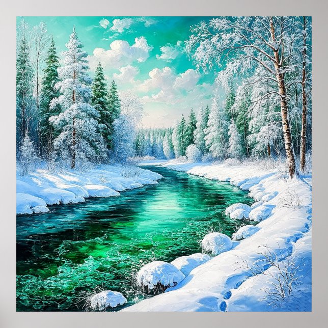 Poster Serene Snowy Riverbank com Evergreen Trees (Frente)