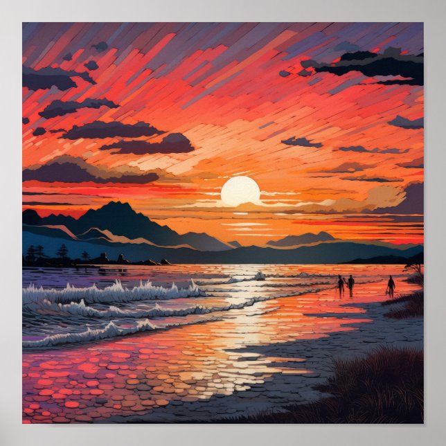 Poster Serene Sunset Beach: Ph inspirado no Japonês e Abs (Frente)