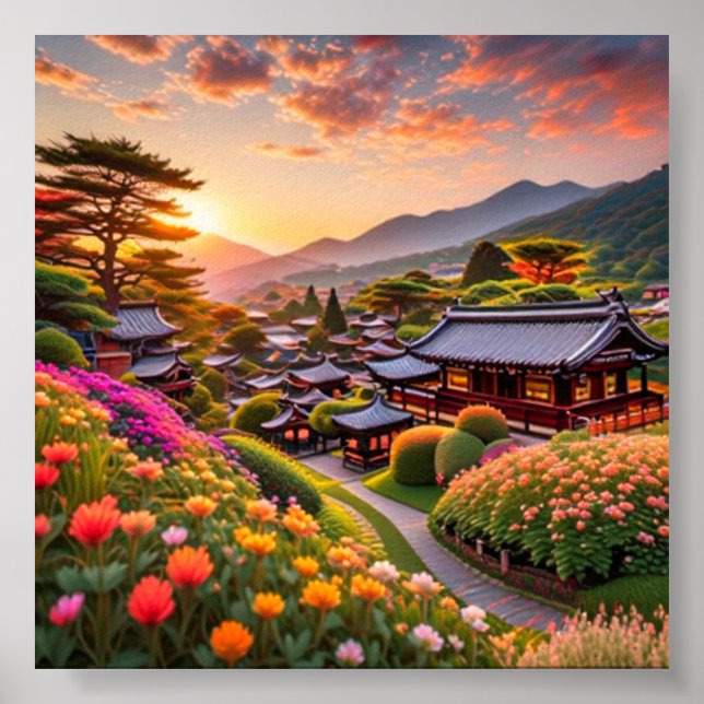 Poster Serene Sunset Sobre Jardim Japonês, Paisagem (Frente)