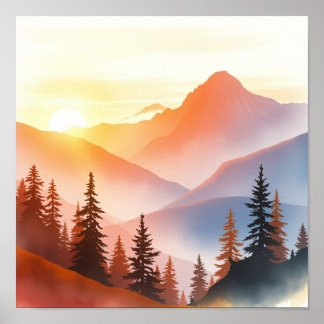 Poster Serene Watercolor Mountain Landscape Wall Art