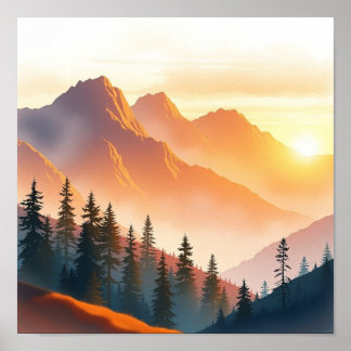 Poster Serene Watercolor Mountain Landscape Wall Art