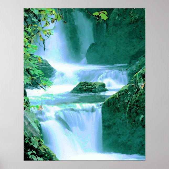 Poster Serene Waterfall em azul e verde (Frente)