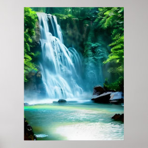 Poster Serene Waterfall em azul pálido e verde