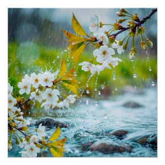 Póster Serene White Cherry Blossoms in Spring Rain & Stre