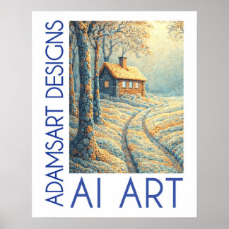 Poster Serene Winter Cottage Landscape AI Art