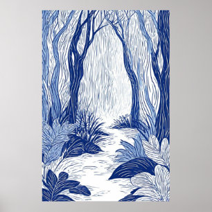 Poster Serene Woodland Path: Floresta de Arte de Linha Az