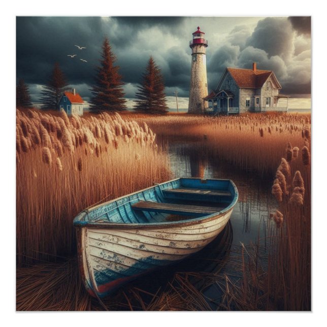 Póster Serenidade Costeira: Farol e Rowboat (Frente)